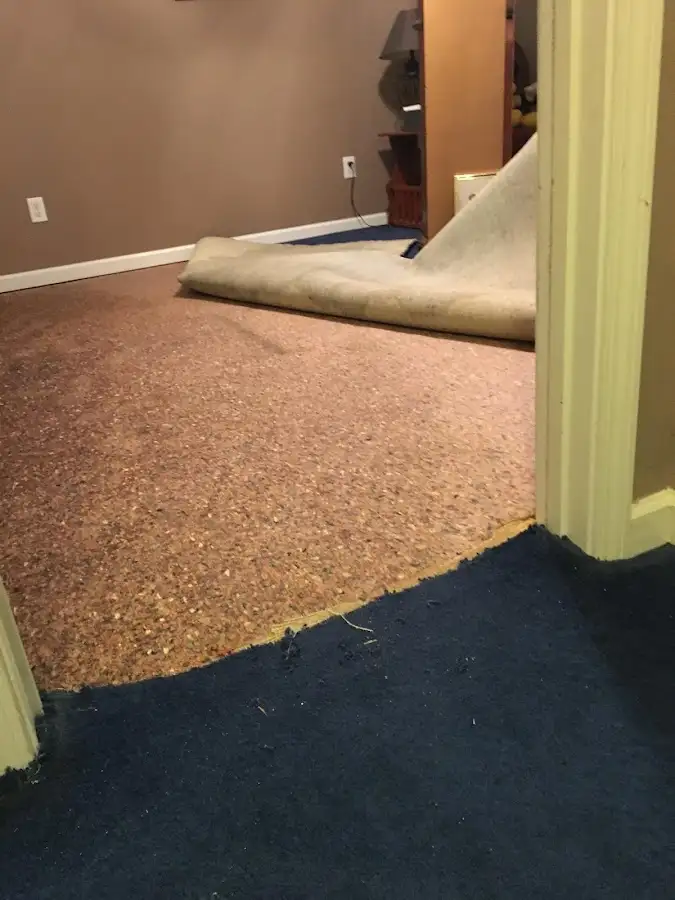 Carpet pad removal revealing water damage during Drying & Dehumidification in Thatcher